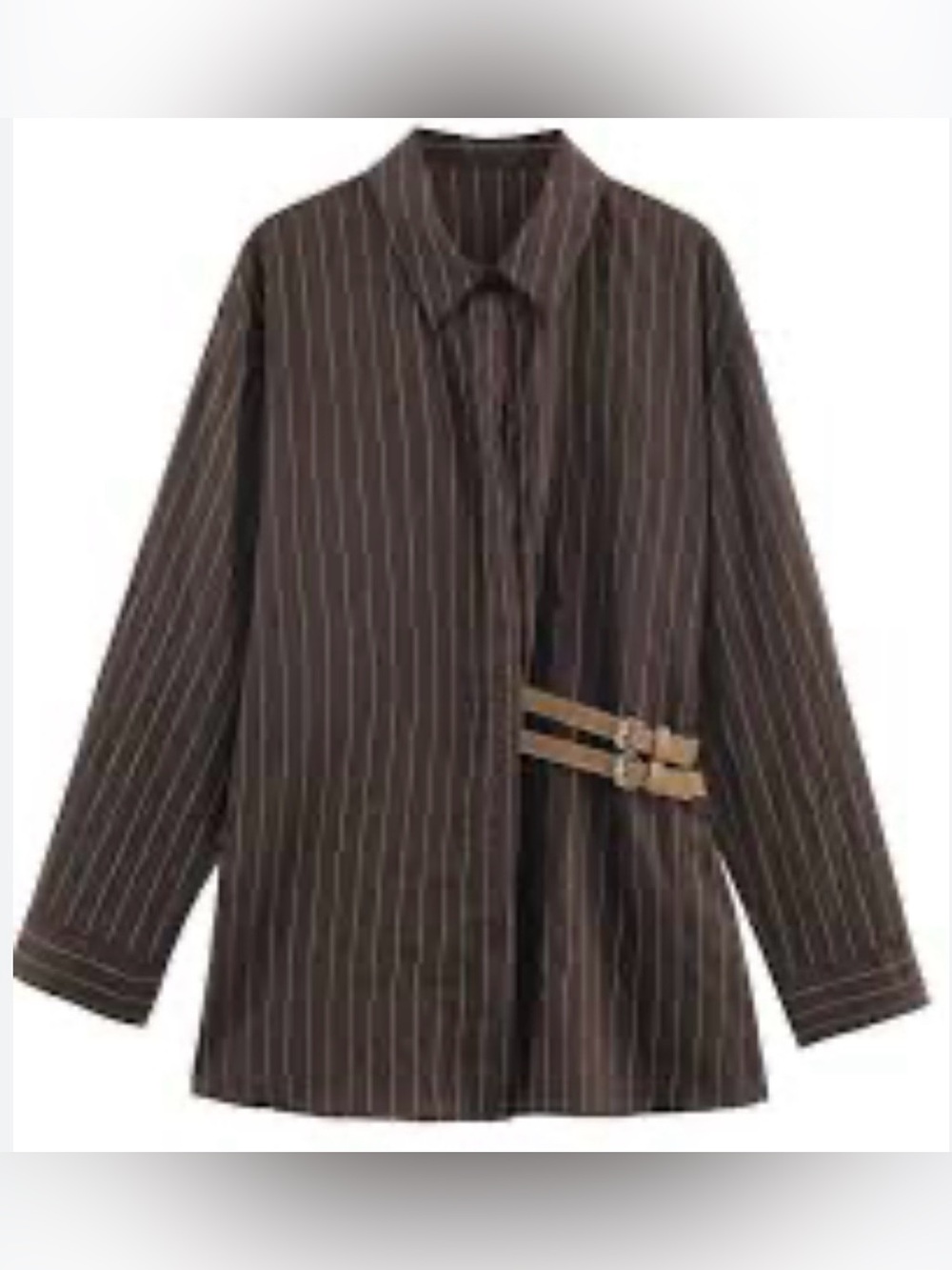 ZARA Striped Button Down Blouse Buckle Details Brown Tan Small